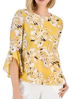 Kasper 3/4 Double Ruffle Bell  Sleeve Floral Print Top Yellow NEW XS